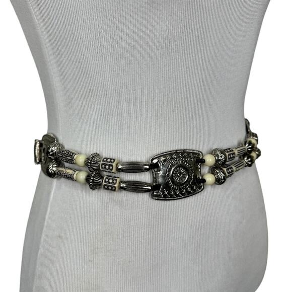 Vintage Western Beaded Medallion Concho Chain Belt Silver Tone Cream Festival main image 5